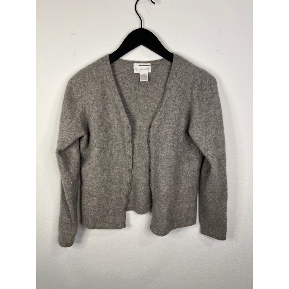Worthington Women Cardigan 100% Cashmere 2-Ply V-Neck Gray Large
